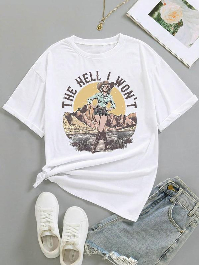 Women'S Cartoon Cowgirl & Letter Print round Neck Tee, Vintage Trendy Casual Short Sleeve T-Shirt for Daily Wear, Ladies Summer Outfit