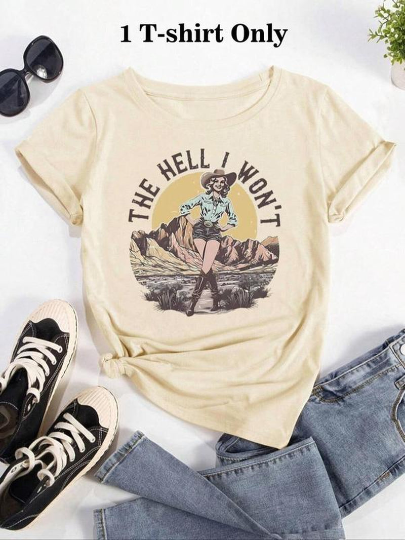 Women'S Cartoon Cowgirl & Letter Print round Neck Tee, Vintage Trendy Casual Short Sleeve T-Shirt for Daily Wear, Ladies Summer Outfit