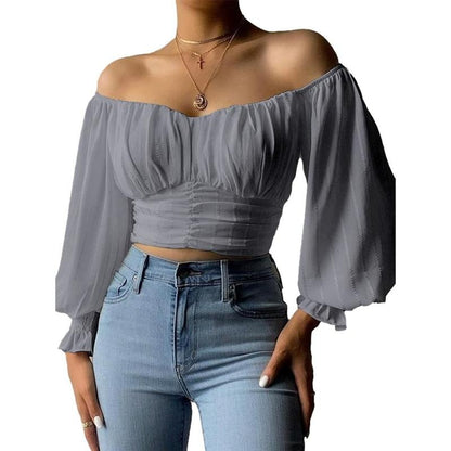 Fisoew Womens Elegant off the Shoulder Puff Sleeve Blouse Summer Chiffon Slim Fit Party Crop Top